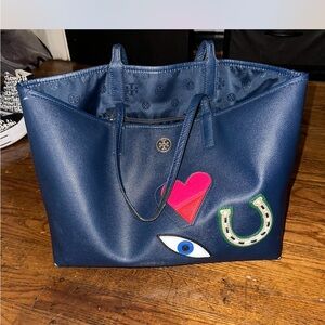 Tory Burch Blue Tote with Colorful Patches